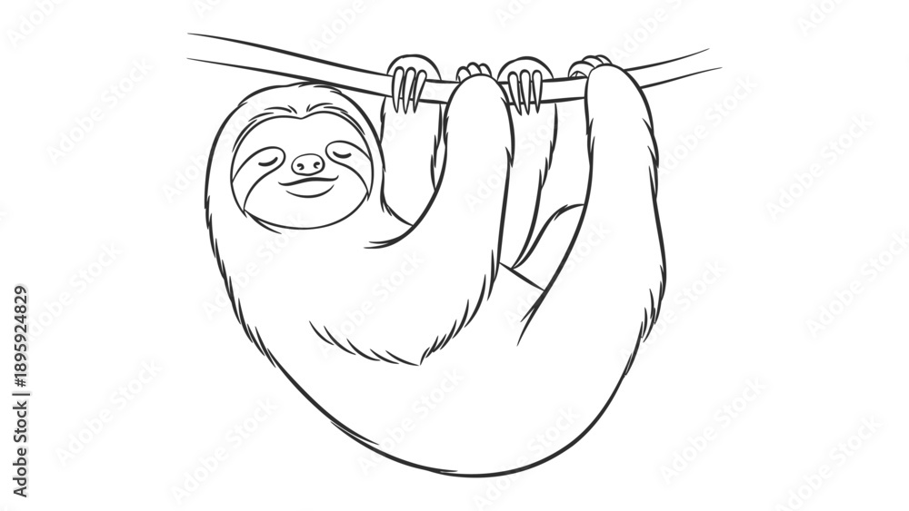 Fototapeta premium Sloth Hanging On A Branch: A simple line drawing of a charming sloth comfortably suspended from a branch, radiating a sense of calm and peacefulness.