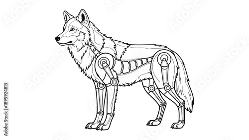 Cyber Wolf: A monochrome illustration of a wolf with metallic cybernetic enhancements, blending natural form with advanced technology, creating a unique representation of the animal