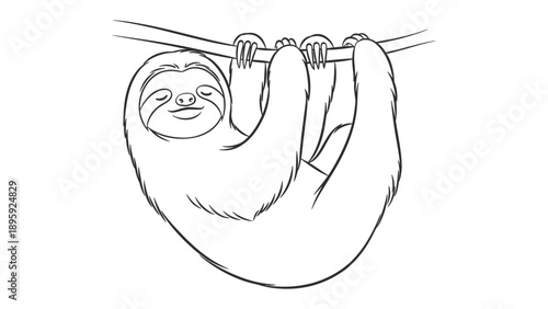Sloth Hanging On A Branch: A simple line drawing of a charming sloth comfortably suspended from a branch, radiating a sense of calm and peacefulness.