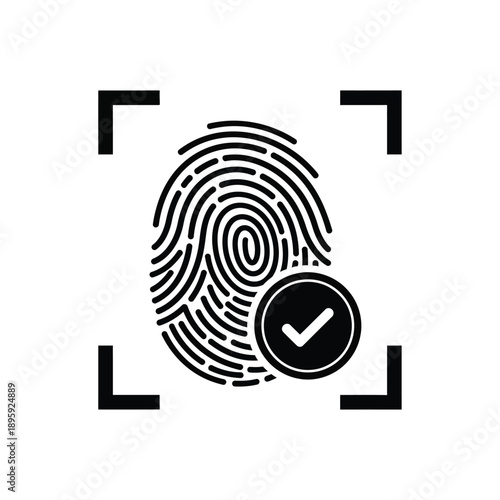 A black and white icon of a fingerprint with a checkmark in a circle on a for verification or authentication purposes online