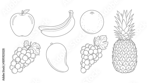 Outline of Tropical Fruits: A delicate black-and-white illustration of several popular fruits, inviting creativity. 