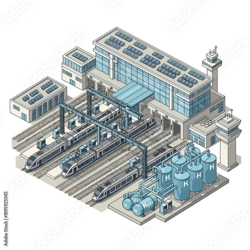 Hydrogen Powered Train Station with Solar Panels and Fuel Tanks.