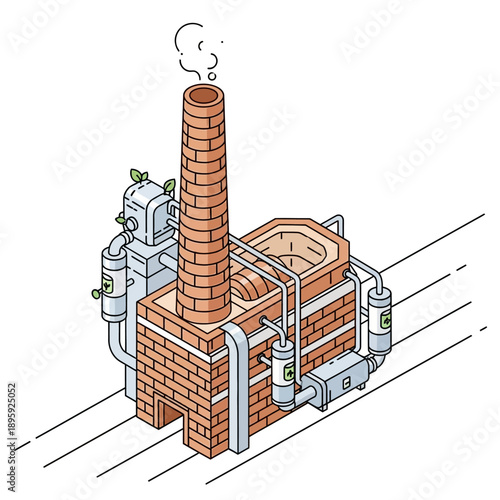 Industrial Brick Kiln with Chimney and Pipes.