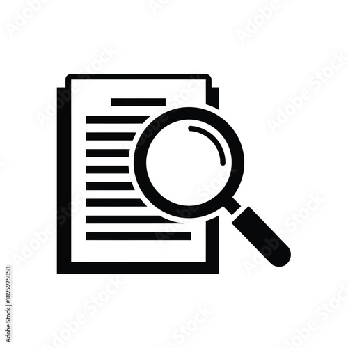 A black and white icon of a document being examined with a magnifying glass