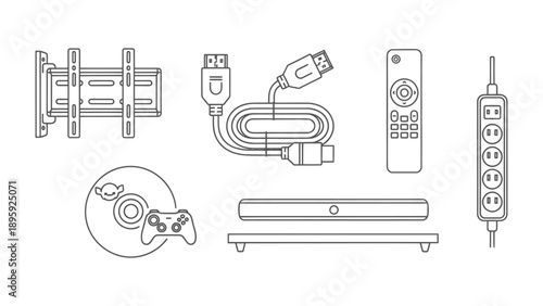 Technology Gadgets and Accessories: An assortment of technology gadgets and accessories, elegantly outlined, ready to enhance the user's entertainment and technological experience.