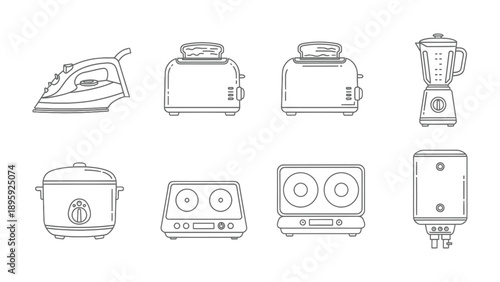 Household appliance set: A graphic set featuring essential household appliances, rendered in a clean and minimal style, perfect for illustrating domestic life, or representing home and living.