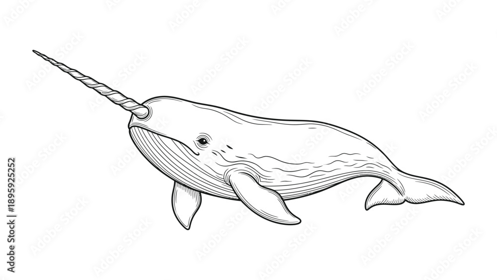 Obraz premium Monochrome Narwhal: A detailed black and white illustration of a narwhal gracefully swimming, its defining spiraled tusk prominently displayed.