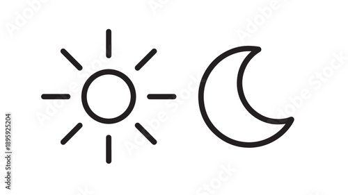 Sun moon icon with simple line art representing day and night symbols, monochrome outline with clean design highlighting celestial cycle concepts and radiance effects
