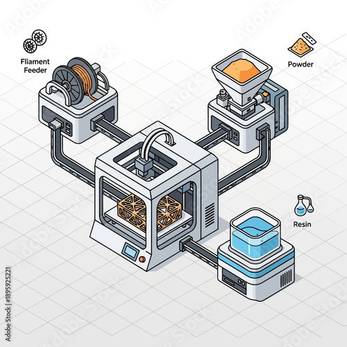 Isometric 3D Printer with Filament, Powder, and Resin Feeders.