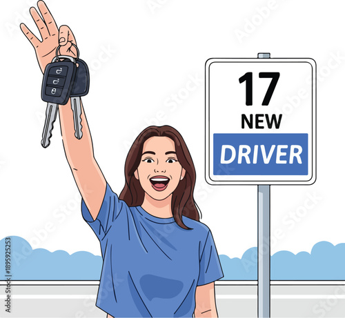 Happy 17-year-old girl celebrates getting her new driver's license and car keys