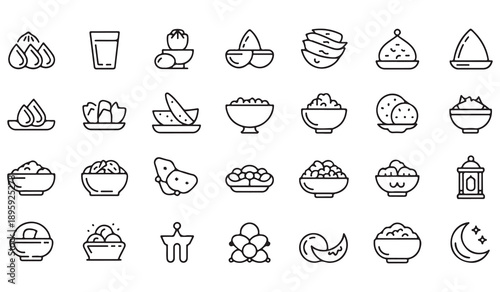 Ramadan food and drinks icons set. outline style, food and drink, muslim fasting, iftar, suhoor, traditional food