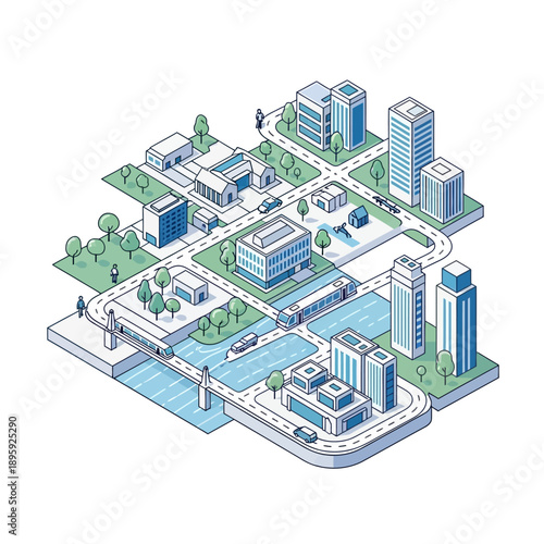 Isometric Cityscape with Buildings, Roads, and River.