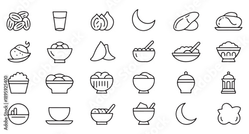 Ramadan food and drinks icons set. outline style, food and drink, muslim fasting, iftar, suhoor, traditional food