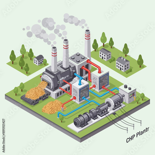 Isometric Combined Heat and Power Plant Illustration.