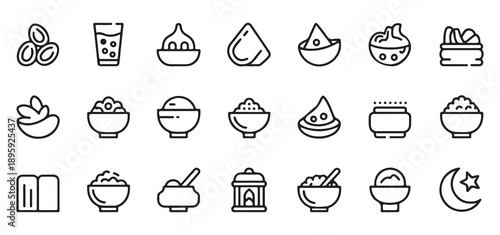 Ramadan food icons collection dates water bowls and religious symbols for festive celebrations