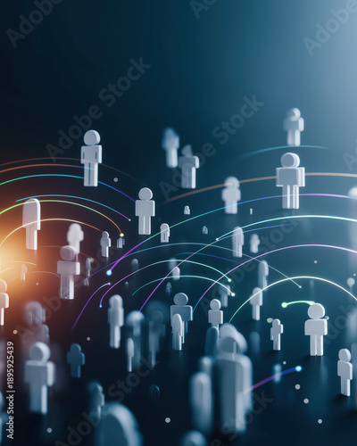 Floating people icons connect through arcs, suggesting digital community networking.
