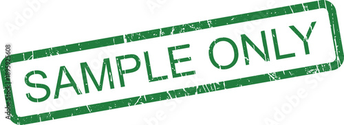 A textured green rubber stamp impression stating SAMPLE ONLY centered on a bright white surface