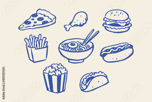 Fast food set doodle line art vector illustration