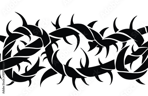 Black thorny branch silhouette pattern on white background, vector bramble illustration