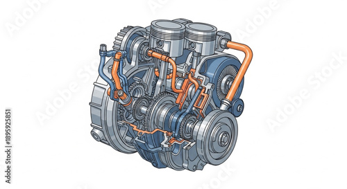 Detailed illustration of a complex internal combustion engine.
