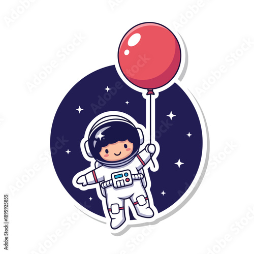 Cute cartoon astronaut character floating in dark space with stars, holding a bright red balloon, depicted as a whimsical sticker illustration.