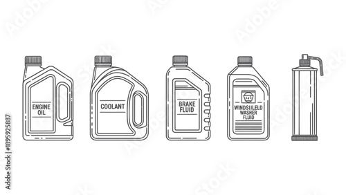 Automotive Essentials: A meticulously crafted, monochrome illustration presents a curated selection of crucial automotive fluids and maintenance supplies.