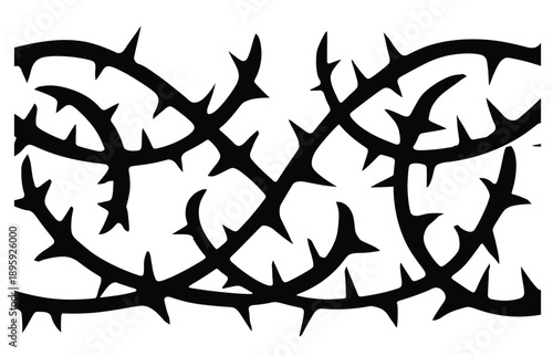 Black thorny branch silhouette pattern on white background, vector bramble illustration