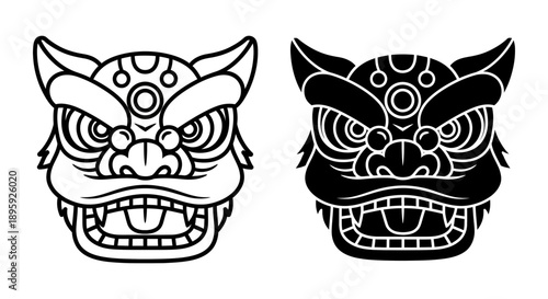 Fierce Chinese lion dance mask, symbol of protection, good luck, and strength, detailed in line art and bold silhouette.