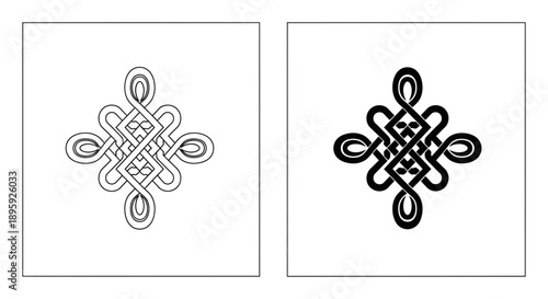 Intricate Endless Knot symbol in outline and solid black vector art, representing Buddhism and eternal luck.