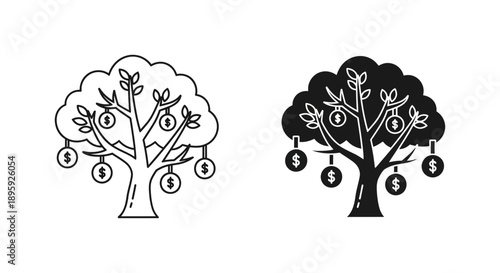 Money tree with dollar coins hanging from branches, in line art and solid silhouette, symbolizing wealth and financial growth.