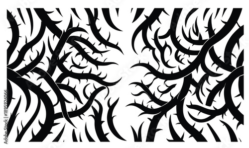 Black thorny branch silhouette pattern on white background, vector bramble illustration