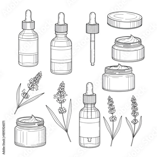 Line art illustration of various cosmetic and skincare products including dropper bottles, cream jars, and lavender flowers, depicting natural beauty and aromatherapy.