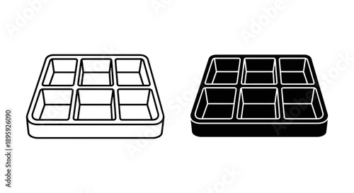 Empty six-compartment tray in outline and solid silhouette, suitable for organizing small items, food, or craft supplies.