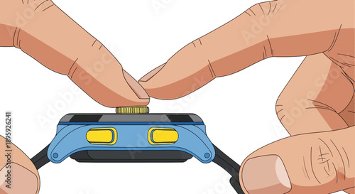 Hand Interacting with Smartwatch Crown and Buttons. Illustration of Adjusting Settings on a Wearable Digital Watch Device.