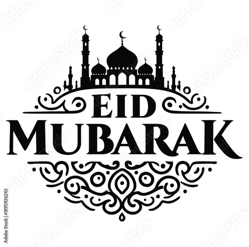 Obraz na płótnie Minimalist Black and White Eid Mubarak Greeting with Islamic Architecture vector
