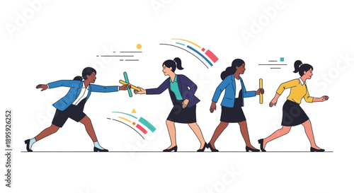 Business Relay Race: Professional Women Team Passing the Baton. Corporate Succession, Teamwork, and Leadership Transition Vector Illustration.