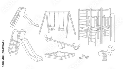 Playground Elements: A comprehensive assortment of playground equipment, meticulously outlined in a detailed drawing. Each component, from slides to swings, is rendered with precision.