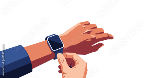 Hand Tapping Smartwatch Screen. Flat Vector Illustration of Wearable Technology Interaction, Time Management, and Digital Communication.