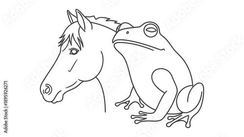 Horse and Frog's Amity: Illustrative depiction of a horse and a frog, exuding a sense of camaraderie, tranquility, and harmony.