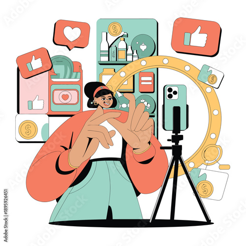 Woman taking selfie with smartphone on tripod surrounded by social media