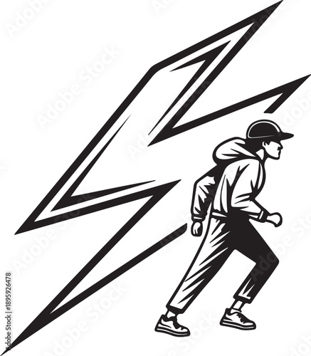 Energetic Black and White Vector of a Runner with a Dynamic Lightning Bolt, Highlighting Speed, Fitness, and Athletic Performance