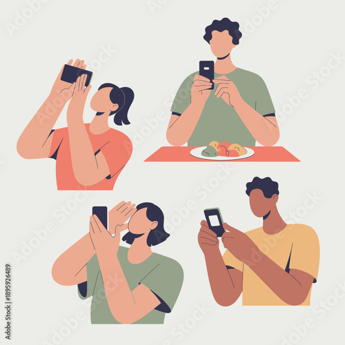 Four people using smartphones at a table with food 1