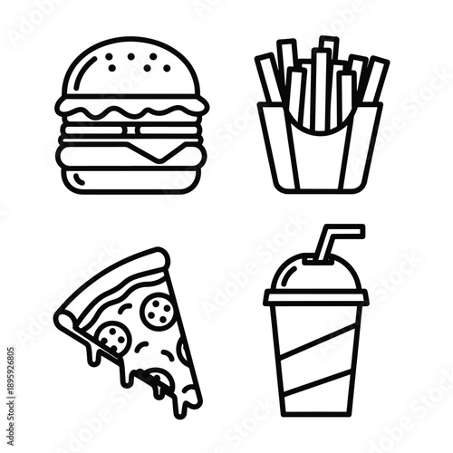 Line art icons of popular fast food items including a hamburger, french fries, pizza slice, and soda drink, presented in a minimalist style.
