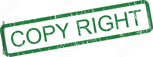 A vivid green grunge style rubber stamp featuring the words COPY RIGHT clearly embossed on a bright white surface