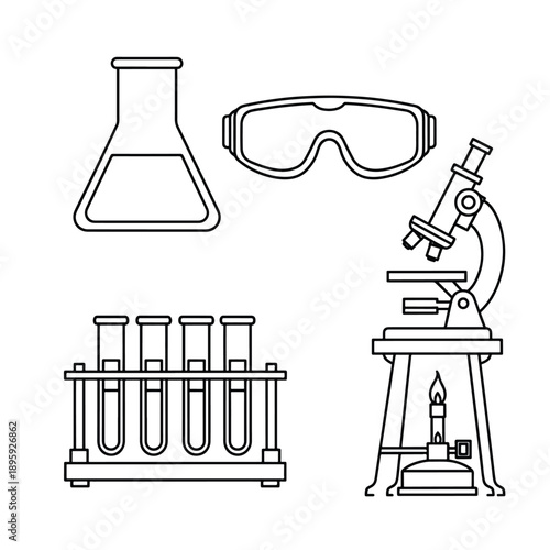 Outline drawing of various laboratory equipment including a conical flask, safety goggles, a microscope, and test tubes in a rack with a Bunsen burner.
