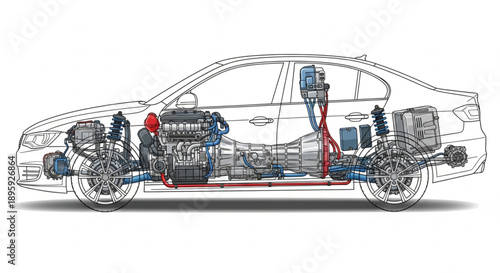 Detailed Car Engine and Chassis Cutaway Illustration.