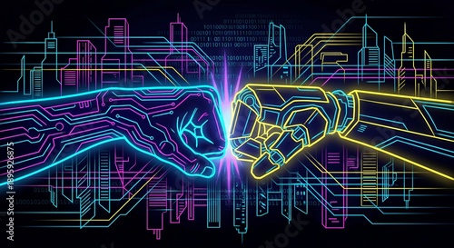 Neon digital art of a fist bump between a robotic arm and a human arm against a futuristic digital city skyline background