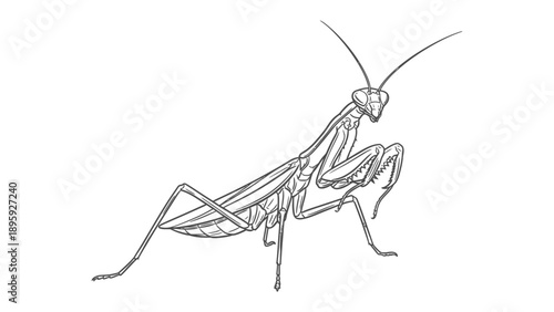 Praying Mantis in Monochrome: A detailed monochrome illustration of a praying mantis, highlighting its unique anatomy and predatory stance.