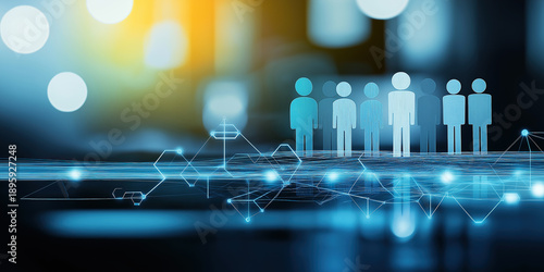 Human icons stand above glowing network lines on a dark digital surface.