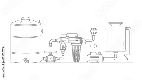 Industrial Water Treatment Diagram: A schematic representation of an industrial water treatment process, showing tanks, filters, pumps, and pipes, illustrating the complex flow of purification.